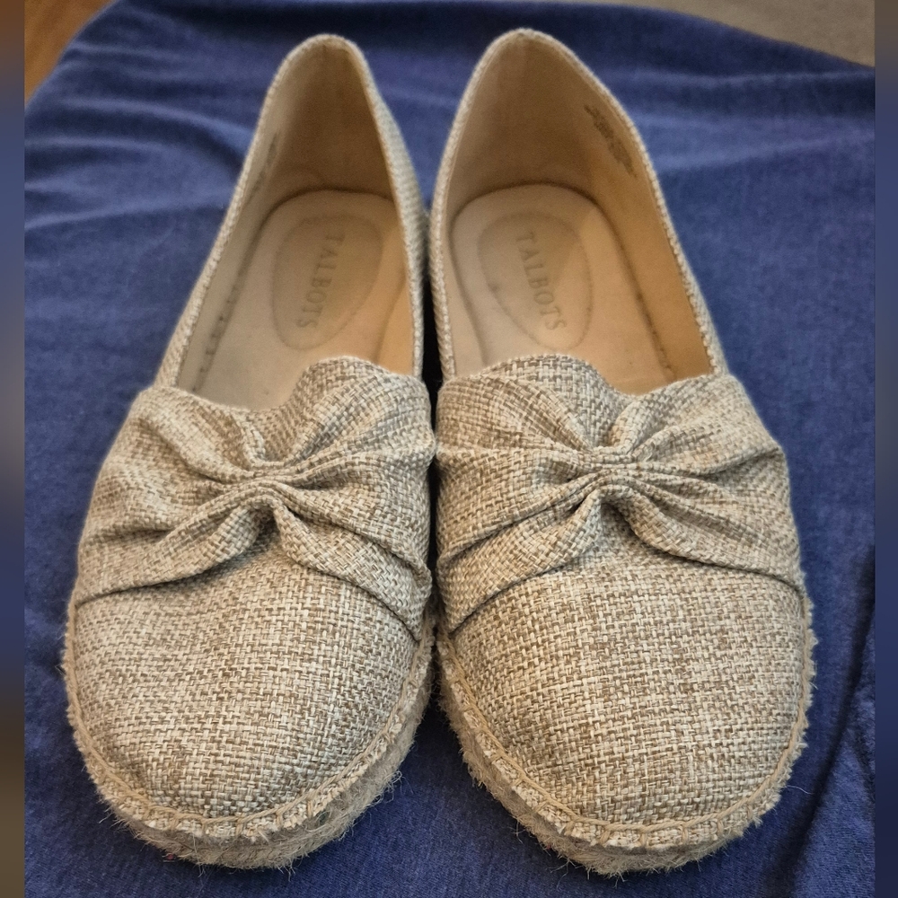 Talbots Espadrille Izzy Knot Tan Linen Bow Slip On Flats Women's 6.5M Loafer EUC